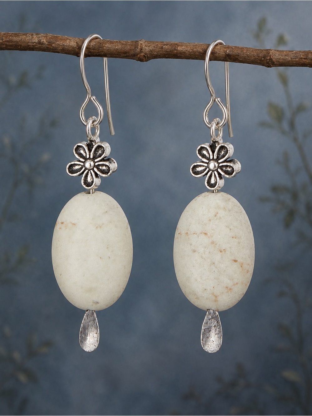 Ivory Marbled Bead Silver Flower Dangle Earrings, Artisan Boho